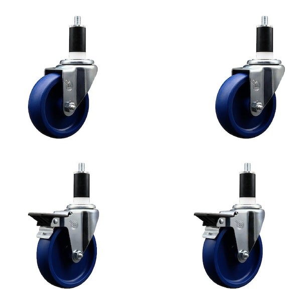 4'' Solid Poly Wheel Swivel 1-3/8'' Expanding Stem Caster Set 2 Brakes, 4PK